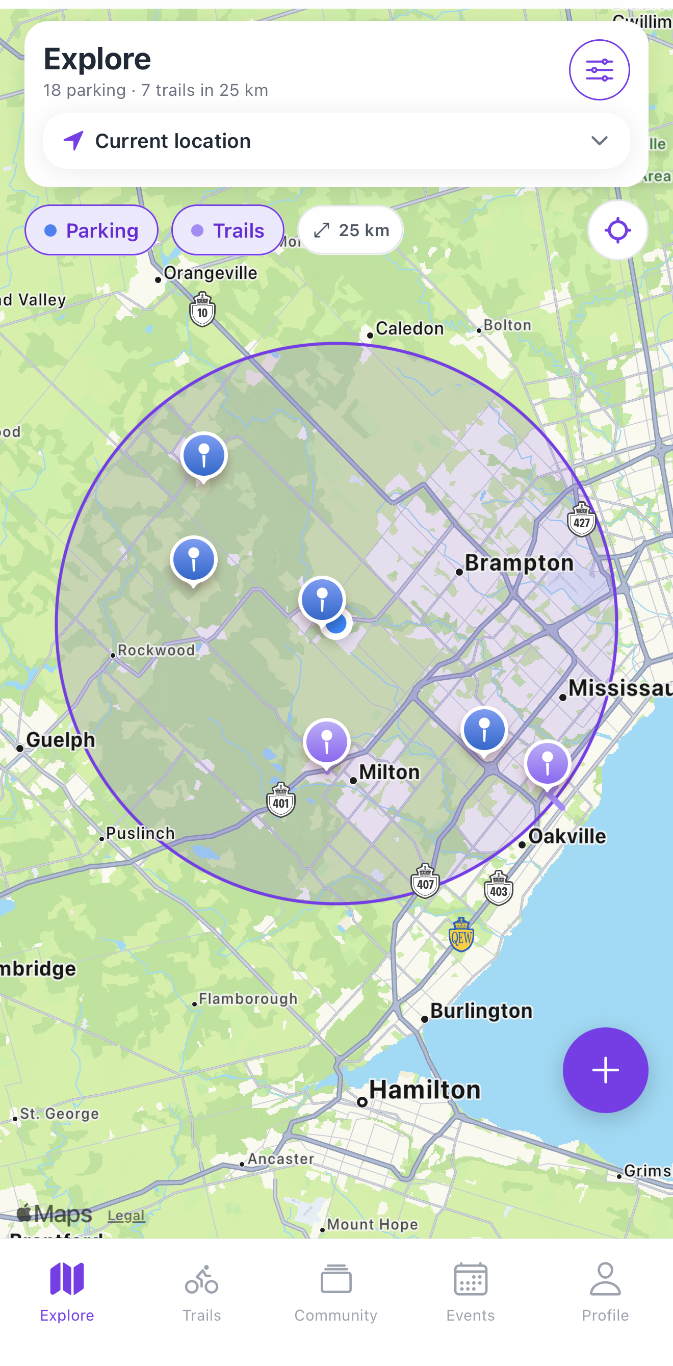 Bikeder app showing the explore map with trails and parking near Toronto